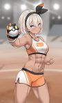  1girl abs absurdres bangs bare_shoulders black_gloves black_hairband blurry blurry_background blush breasts closed_mouth collarbone dark_skin gloves grey_eyes grey_hair gym_leader hair_between_eyes hairband highres kaetzchen looking_at_viewer medium_breasts navel orange_gloves poke_ball pokemon pokemon_(game) pokemon_swsh saitou_(pokemon) shorts single_glove solo sports_bra stage_lights thighs two-tone_gloves ultra_ball wristband 