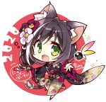 1girl 2020 animal_ear_fluff animal_ears bangs blush brown_hair cat_ears cat_tail chibi commentary_request eyebrows_visible_through_hair fang floral_print flower green_eyes hair_flower hair_ornament japanese_clothes kimono komowata_haruka kyaru_(princess_connect) looking_at_viewer multicolored_hair obi open_mouth outstretched_arm princess_connect! princess_connect!_re:dive red_background sash skin_fang solo swept_bangs tail two-tone_hair v-shaped_eyebrows white_hair 
