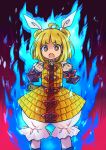  1girl :o ahoge armor armored_dress arms_up black_background blonde_hair bloomers blue_fire bright_pupils brown_eyes clenched_hands double_bun feet_out_of_frame fiery_background fire gradient gradient_background hair_ribbon haniwa_(statue) joutouguu_mayumi looking_at_viewer open_mouth pote_(ptkan) puffy_short_sleeves puffy_sleeves red_background ribbon shirt short_hair short_sleeves solo standing touhou underwear vambraces white_shirt 