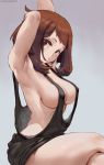  1girl absurdres arm_above_head arm_behind_head armpits arms_up black_dress blush_stickers boku_no_hero_academia breasts brown_eyes brown_hair covered_nipples cutesexyrobutts dress from_side gradient gradient_background highres long_hair looking_at_viewer medium_breasts paid_reward parted_lips patreon_reward purple_background sideboob signature sitting solo thick_thighs thighs uraraka_ochako 