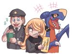  1boy 1girl angry ayyk92 blonde_hair blush brown_hair english_text garchomp hair_over_one_eye hat laughing long_hair money money_hold pokemon pokemon_(creature) pokemon_(game) pokemon_dppt pokemon_swsh police police_hat police_officer_(pokemon) police_uniform shirona_(pokemon) short_hair uniform walkie-talkie watch 