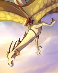  2017 ambiguous_gender claws clothed clothing day detailed_background digital_media_(artwork) dragon female feral horn human juliagoldfox mammal membrane_(anatomy) membranous_wings open_mouth outside scalie sky spines teeth tongue western_dragon wings 