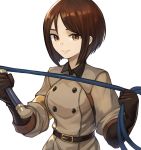  1girl absurdres bangs belt belt_buckle brown_eyes brown_hair buckle closed_mouth commentary_request earrings grey_jacket hand_up highres holding_whip jacket jewelry long_hair military military_uniform parted_bangs short_hair simple_background smile solo sookmo the_king_of_fighters the_king_of_fighters_xiv uniform upper_body whip whip_(kof) white_background 