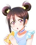  1girl :o absurdres alternate_hairstyle black_hair blue_choker blush cheese choker ckst double_bun food frills hair_bobbles hair_ornament highres holding holding_food love_live! love_live!_school_idol_project red_eyes sideways_glance simple_background single_sidelock solo upper_body white_background yazawa_nico yume_no_tobira 