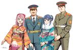 2boys 2girls :d belt blue_eyes blue_hair bow character_request commentary formal hair_bow hair_bun hat horikou japanese_clothes kagamihara_nadeshiko kimono looking_at_viewer military military_hat military_uniform multiple_boys multiple_girls necktie new_year obi open_mouth pink_hair purple_eyes russia sash shima_rin smile soviet_union uniform white_background yurucamp 