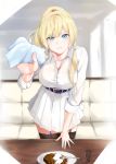  1girl alternate_costume azur_lane bangs black_legwear blonde_hair blue_eyes braid breasts commentary_request curry curry_rice eyebrows_visible_through_hair food gloves highres kongou_(azur_lane) large_breasts long_hair looking_at_viewer napkin rice sai_jjjgg sidelocks skirt soda thighhighs 