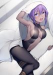  1girl armpits banned_artist blush bodysuit breasts dark_skin dutch_angle fate/grand_order fate_(series) hair_between_eyes hassan_of_serenity_(fate) kyoeiki looking_at_viewer medium_breasts navel open_mouth pillow purple_eyes purple_hair round_teeth short_hair solo teeth 