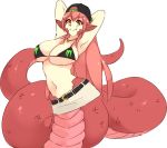  1girl armpits arms_behind_head bare_shoulders belt belt_buckle bikini_top blush breasts buckle commission eyebrows_visible_through_hair fang fang_out hair_between_eyes jewelry lamia large_breasts long_hair miia_(monster_musume) miniskirt monster_energy monster_girl monster_musume_no_iru_nichijou navel necklace pointy_ears red_hair rtil scales sidelocks simple_background skirt smile solo tail white_background yellow_eyes 