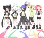  +_+ 2boys 3girls ;d anklet aori_(splatoon) arm_up asymmetrical_sleeves bike_shorts black_cape black_footwear black_hair black_jacket black_shirt black_shorts black_skirt blonde_hair blue_hair boots bracelet brown_eyes cape commentary cousins crop_top domino_mask drawstring fang hair_pulled_back hair_slicked_back hand_on_hip headgear highres hotaru_(splatoon) inkling jacket jewelry leg_up long_hair long_sleeves looking_at_viewer makeup mascara mask medium_hair microskirt midriff mole mole_under_eye multiple_boys multiple_girls navel no_legwear number octoling one_eye_closed open_mouth paint_splatter pencil_skirt red_hair scrunchie sharp_teeth shirt shoes short_hair shorts side-by-side simple_background single_vertical_stripe skirt smile splatoon_(series) splatoon_1 splatoon_2 splatoon_2:_octo_expansion squidbeak_splatoon standing standing_on_one_leg suction_cups sukeo_(nunswa08) teeth tentacle_hair topknot v-shaped_eyebrows very_long_hair vest white_background white_hair yellow_footwear yellow_jacket yellow_vest zipper 