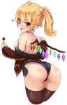  1girl alternate_costume alternate_hairstyle ass back bare_shoulders black_legwear blonde_hair breasts brown_jacket candy crossed_legs cutoffs flandre_scarlet food from_behind fur_trim halterneck heart highres holding jacket lollipop looking_at_viewer medium_breasts micro_shorts panties panty_peek pink_panties pointy_ears polka_dot polka_dot_panties red_eyes shiron_(e1na1e2lu2ne3ru3) short_twintails shorts simple_background solo thighhighs tongue tongue_out touhou twintails underwear white_background wings 