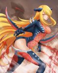  1girl blonde_hair blood bodysuit breasts claw_pose claws cosplay garchomp garchomp_(cosplay) gen_4_pokemon hair_over_one_eye highres impossible_clothes jojobirdz large_breasts long_hair pokemon pokemon_(game) pokemon_dppt red_eyes shirona_(pokemon) solo thighhighs very_long_hair 