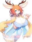  arm_under_breasts baburusushi big_breasts blue_eyes blush breasts cleavage clothed clothing collar curvy_figure dress female fur hair horn huge_breasts looking_at_viewer mammal open_mouth red_hair scarf simple_background smile solo thick_thighs voluptuous white_body white_fur 
