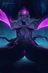  1girl bbc-chan black_sclera breasts commentary demon_girl english_commentary evelynn fiery_hair highres large_breasts league_of_legends lips looking_at_viewer nipples nose nude pov purple_skin pussy solo tentacles undressing yellow_eyes you_gonna_get_raped 