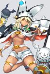 1girl bad_feet belt beltbra blonde_hair breasts cape closed_mouth commentary_request dark_skin groin guilty_gear guilty_gear_xrd hat long_hair looking_at_viewer medium_breasts muscle muscular_female nana-ya navel orange_eyes ramlethal_valentine short_shorts shorts simple_background thigh_strap underboob 