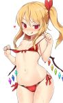  1girl :q bikini bikini_pull blonde_hair body_blush cowboy_shot flandre_scarlet heart highres long_hair looking_at_viewer navel one_side_up pointy_ears pulled_by_self red_bikini red_eyes shiron_(e1na1e2lu2ne3ru3) side-tie_bikini simple_background smile solo stomach swimsuit tongue tongue_out touhou white_background wings 