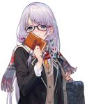  1girl aqua_eyes bag blazer blush book cardigan glasses holding holding_book jacket long_hair long_sleeves necktie original scarf shirabi shoulder_bag silver_hair smile solo upper_body white_background 