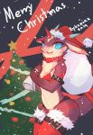  2019 bikini blue_eyes blush chest_tuft christmas christmas_tree clothing collar english_text female fur hat headgear headwear holidays kemono looking_at_viewer navel open_mouth open_smile red_bikini red_collar rykanokk santa_hat smile solo swimwear text tree tuft unknown_species 