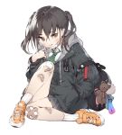  1girl backpack bag bandaid bandaid_on_knee bandaid_on_leg bangs black_jacket black_skirt blush brown_eyes brown_hair collared_shirt commentary_request eyebrows_visible_through_hair eyes_visible_through_hair full_body gimt green_neckwear hand_in_pocket hood hooded_jacket idolmaster idolmaster_cinderella_girls jacket knee_up looking_at_viewer mask_pull medium_hair miniskirt mole mole_under_eye orange_footwear oversized_clothes pleated_skirt rakuka school_uniform shirt shoes simple_background sitting skirt sneakers socks solo strap striped striped_neckwear stuffed_animal stuffed_toy sunazuka_akira surgical_mask teddy_bear twintails white_background white_legwear white_shirt 