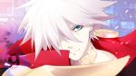  1boy blue_eyes cape close-up countdown danemaru eyeliner fate/extra fate/extra_ccc fate/grand_order fate_(series) fur_cape hair_over_one_eye high_coloar jewelry karna_(fate) makeup male_focus shoulders single_earring solo white_hair 