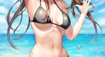  1girl black_bikini_top blurry blurry_background breasts brown_hair cleavage collarbone floating_hair girls_frontline greem_bang highres long_hair medium_breasts navel ocean sideboob sky solo twintails ump9_(girls_frontline) underboob upper_body very_long_hair 