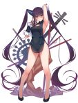  1girl absurdres arm_up armpits bangs bare_shoulders black_dress blue_eyes blunt_bangs blush breasts china_dress chinese_clothes cleavage dean dress fate/grand_order fate_(series) flute full_body highres instrument large_breasts legs long_hair looking_at_viewer pipa_(instrument) purple_hair simple_background smile solo twintails white_background yang_guifei_(fate/grand_order) 