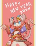  2020 4_fingers anthro asian_clothing blue_eyes blush clothed clothing east_asian_clothing english_text fingers hair holidays japanese_clothing kemono kimono mammal murid murine new_year open_mouth open_smile pink_hair rat rodent rykanokk smile solo text year_of_the_rat 