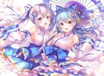  2girls :d alternate_color aoba_chise aoba_project aoba_rena armpits bare_shoulders blue_hair bow breasts cowboy_shot detached_sleeves dress floating_hair flower hair_bow hair_ornament hair_ribbon highres holding holding_umbrella large_breasts layered_dress long_hair long_sleeves looking_at_viewer multiple_girls nontraditional_miko obi open_mouth oriental_umbrella purple_eyes red_eyes ribbon sakura_moyon sash silver_hair smile tassel twintails umbrella white_flower wide_sleeves 