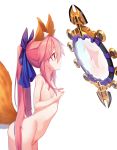  1girl absurdres animal_ear_fluff animal_ears bow breasts commentary_request fate/grand_order fate_(series) floating floating_object fox_ears fox_girl fox_tail from_side gallant99770 hair_between_eyes hair_bow hands_on_own_chest highres leaning_forward long_hair mirror nude petite pink_hair ponytail profile purple_bow reflection sidelocks small_breasts solo tail tamamo_(fate)_(all) tamamo_no_mae_(fate) yellow_eyes 
