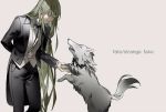  1boy arm_behind_back bow bowtie closed_eyes copyright_name enkidu_(fate/strange_fake) fate/strange_fake fate_(series) formal gloves green_hair holding_paw long_hair male_focus outstretched_hand redoxhn suit tuxedo very_long_hair white_gloves wolf wolf_(fate) 