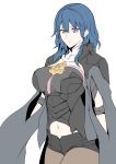  1girl absurdres armor bangs black_armor black_cape black_shorts blue_eyes blue_hair breasts byleth_(fire_emblem) byleth_(fire_emblem)_(female) cape closed_mouth fire_emblem fire_emblem:_three_houses hair_between_eyes harukon_(halcon) highres large_breasts long_hair looking_at_viewer medallion navel pantyhose pauldrons plackart short_shorts short_sleeves shorts simple_background smile solo tassel thighs white_background 