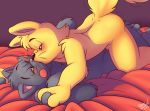  anthro bed black_body black_fur blush canid canine duo felid fox fur furniture kaiketsu_zorori kissing male male/male mammal nude pantherine prince_arthur roarey_raccoon yellow_body yellow_fur zorori 