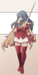  1girl blue_eyes blue_hair boots bracelet breastplate cape closed_mouth eirika_(fire_emblem) fingerless_gloves fire_emblem fire_emblem:_the_sacred_stones full_body gloves highres jewelry lamb-oic029 long_hair looking_away looking_to_the_side miniskirt pauldrons profile red_footwear red_gloves red_shirt shirt short_sleeves shoulder_armor sidelocks skirt solo thigh_boots thighhighs two-tone_background very_long_hair white_skirt yellow_cape zettai_ryouiki 