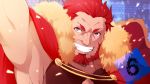  1boy arm_up armor armpits beard cape cleavage_cutout close-up countdown danemaru face facial_hair fate/grand_order fate/zero fate_(series) grin leather_armor male_focus red_eyes red_hair rider_(fate/zero) smile solo 