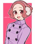  1girl :d artist_name blush brown_eyes brown_hair coat commentary_request do_m_kaeru earmuffs okumura_haru open_mouth persona persona_5 persona_5_the_royal purple_coat smile solo upper_body 