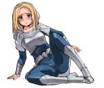  1girl armor ass belt blonde_hair blue_bodysuit blue_eyes blush bodysuit boots bracer breastplate cameltoe commentary_request forehead hairband highres justeeeeth knee_boots korean_commentary league_of_legends luxanna_crownguard short_hair simple_background sitting sketch solo spread_legs white_background 