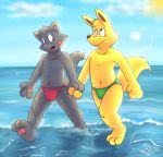  anthro black_body black_fur bulge canid canine clothing duo felid fox fur hand_holding kaiketsu_zorori male male/male mammal pantherine prince_arthur roarey_raccoon smile speedo swimwear water wet yellow_body yellow_fur zorori 