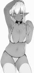  3: absurdres arm_up armpits bikini blush breasts cleavage closed_mouth collar contrapposto cowboy_shot dark_elf dark_skin elf eyebrows_visible_through_hair grain greyscale highres large_breasts long_hair looking_at_viewer monochrome navel original pointy_ears side-tie_bikini simple_background solo strap_slip string_bikini swimsuit thighhighs 
