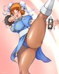  &gt;:o 1girl :o bad_anatomy bangs blue_dress blunt_bangs blush bracelet breasts brown_eyes brown_hair bun_cover china_dress chinese_clothes chun-li chun-li_(cosplay) clenched_hand cosplay double_bun drawfag dress gold_trim highres jewelry kei6132 kicking kill_la_kill looking_at_viewer mankanshoku_mako medium_breasts pantyhose puffy_sleeves sash short_hair short_sleeves simple_background solo spiked_bracelet spikes street_fighter thick_eyebrows thighs 