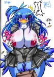  2019 ?! accessory anthro areola avian big_breasts bird blue_body blue_eyes blue_feathers blue_hair blush bottomwear bouncing_breasts breasts clothed clothing feathers female hair hair_accessory japanese_text looking_at_viewer nipples simple_background skirt solo standing text wardrobe_malfunction white_background ymbk 
