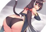  1girl animal_ear_fluff animal_ears ass bangs bare_shoulders bent_over black_hair black_panties blush breasts cat_ears cat_girl cat_tail eyebrows_visible_through_hair fang green_eyes hair_between_eyes hair_ribbon kuavera kyaru_(princess_connect) long_hair looking_at_viewer low_twintails multicolored_hair open_mouth panties princess_connect! princess_connect!_re:dive red_ribbon ribbon sleeveless small_breasts solo streaked_hair tail tears twintails two-tone_hair underwear very_long_hair white_hair 
