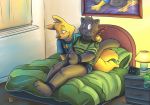  anthro bed black_body black_fur bound canid canine duo feathers felid fox fur furniture inside kaiketsu_zorori lamp male male/male mammal pantherine prince_arthur roarey_raccoon smile yellow_body yellow_fur zorori 