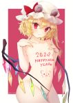  1girl 2020 animal_ears blonde_hair bodypaint breasts closed_mouth collarbone convenient_censoring covering_nipples cowboy_shot fake_animal_ears fang fang_out flandre_scarlet happy_new_year hat hat_ribbon highres honotai looking_at_viewer medium_hair mob_cap mouse_ears new_year nude red_eyes ribbon small_breasts solo touhou twitter_username two-tone_background white_background white_headwear wing_censor wings 