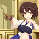  1girl blue_hakama brown_eyes brown_hair cowboy_shot gloves hakama hakama_skirt japanese_clothes kaga_(kantai_collection) kantai_collection looking_at_viewer magic:_the_gathering mago_(saitou555) muneate partly_fingerless_gloves short_hair short_sidetail side_ponytail single_glove sitting solo tasuki throne yugake 