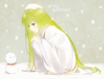  1other androgynous barefoot danemaru enkidu_(fate/strange_fake) fate/strange_fake fate_(series) gilgamesh green_hair hair_up jewelry long_hair necklace pants robe snow snow_on_head snowing snowman solo_focus squatting very_long_hair white_pants 