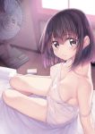  1girl :/ bangs bare_legs bare_shoulders bed_sheet blush breasts camisole cleavage closed_mouth collarbone covered_nipples day electric_fan eyebrows_visible_through_hair from_side highres indoors katou_megumi looking_at_viewer looking_to_the_side on_bed purple_eyes purple_hair saenai_heroine_no_sodatekata short_hair sitting solo strap_slip strapless suga_hideo sunlight sweat yellow_eyes yokozuwari 