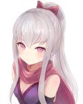  1girl alternate_costume bangs bare_shoulders blush bow breasts cleavage closed_mouth eyebrows_visible_through_hair fire_emblem fire_emblem:_three_houses hair_bow japanese_clothes kimono leonmandala long_hair lysithea_von_ordelia ninja pink_eyes pink_scarf ponytail purple_kimono red_bow scarf sidelocks signature silver_hair simple_background small_breasts solo v-shaped_eyebrows white_background 