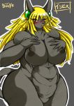  2019 anthro anubian_jackal anubis areola big_breasts black_body black_fur blonde_hair blush breasts canid canine canis deity egyptian_mythology female fur hair jackal jewelry long_hair looking_at_viewer mammal middle_eastern_mythology muscular muscular_female mythology navel nipples nude open_mouth red_eyes simple_background solo standing thick_thighs wide_hips ymbk 