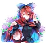  1girl black_shirt blue_bow bow cape disembodied_head eyebrows_visible_through_hair flower hair_bow hand_up high_collar kutsuki_kai leaf long_sleeves looking_down multiple_heads open_mouth outstretched_hand red_cape red_eyes red_hair sekibanki shirt short_hair squiggle sweatdrop touhou upper_body white_background 