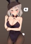  1girl alternate_costume animal_ears blue_eyes blush breasts bunny_ears bunny_girl bunnysuit chiyo_(pk19981234) cleavage closed_mouth eyebrows_visible_through_hair fake_animal_ears grey_background hair_between_eyes highres kantai_collection kashima_(kantai_collection) large_breasts long_hair looking_at_viewer sidelocks silver_hair simple_background solo twintails wavy_hair 