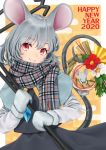  1girl 2020 animal_ears bangs black_skirt black_vest border commentary_request dowsing_rod eyebrows_visible_through_hair flower grey_hair grey_scarf happy_new_year head_tilt highres holding jewelry leaf long_sleeves looking_at_viewer mittens mouse mouse_ears mouse_tail nazrin new_year orange_background outside_border pendant plaid plaid_scarf red_eyes red_flower scarf shirt short_hair skirt skirt_set smile solo tail torinari_(dtvisu) touhou upper_body vest white_border white_flower white_shirt 